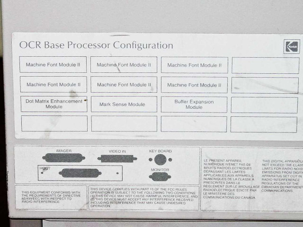 Kodak Imagelink OCR Base Processor Configuration label showing module slots: Machine Font Module II, Dot Matrix Enhancement Module, Mark Sense Module, Buffer Expansion Module, and rear connector diagram (Imager, Video In, Keyboard, Monitor)