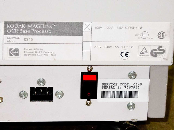 Kodak Imagelink OCR Base Processor rear label showing Service Code 0345, dual-voltage rating (100-120V 7.5A and 220-240V 5A), Made in USA by Eastman Kodak Company, and CE/UL/CSA/GS certification marks; power switch and IEC inlet visible