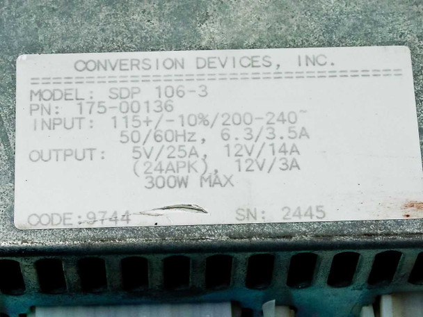 Conversion Devices SDP 106-3 power supply label showing model, PN 175-00136, input/output specs and 300W rating