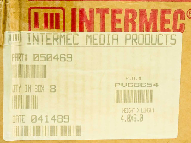 Intermec Media Products part label — Part# 050469, Qty in Box 8, Date 041489, Height x Length 4.0x6.0