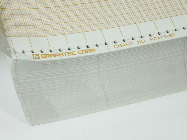 Graphtec PZ473-8B chart paper close-up showing printed grid, 8-channel columns, and 'CHART NO. PZ473-8B' imprint along edge