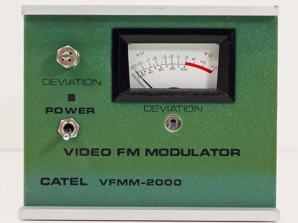 Catel VFMM-2000 — close-up of green front panel with Deviation VU meter, Deviation indicator, Power switch, and VIDEO FM MODULATOR label