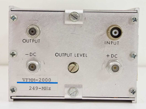 Catel VFMM-2000 — rear panel close-up showing BNC Output and Input ports, DC bias connectors, Output Level trimmer, and 249-MHz frequency label