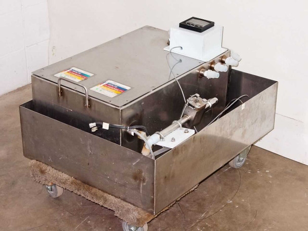 Signet P525-1 PSR Post Strip Rinse stainless steel wash tank with 3-5100 flow meter on top, front-right three-quarter view on caster wheels
