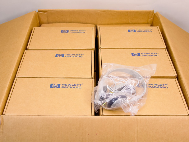HP 5182-3552 LT-100 computer headphones — large outer box open showing individual Hewlett-Packard branded boxes and one loose bagged unit