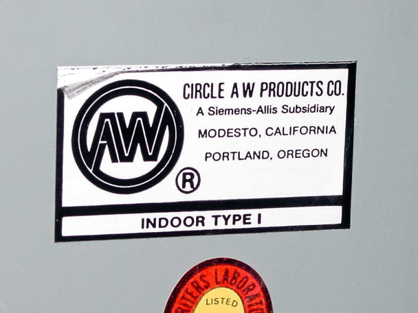 Circle AW Products Co. nameplate label showing Indoor Type 1 designation, Siemens-Allis subsidiary, and UL Listed mark