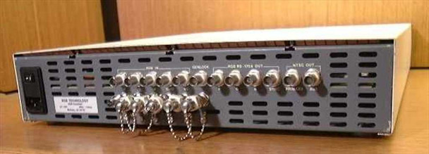 RGB Technology VideoLink 1400 SUN NTSC Converter — rear panel showing BNC connectors for RGB In, Genlock, RGB RS/CGA Out, NTSC Out, and S-VHS output with dust caps installed