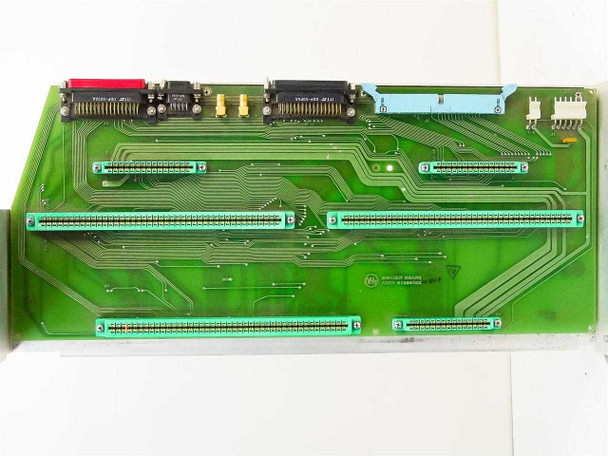 Varian Klystron Gen II Patch Panel Board 01000548 — component side showing four parallel card-edge/ribbon connectors, two FUJISU-485 ICs, and Varian embossed logo at lower right