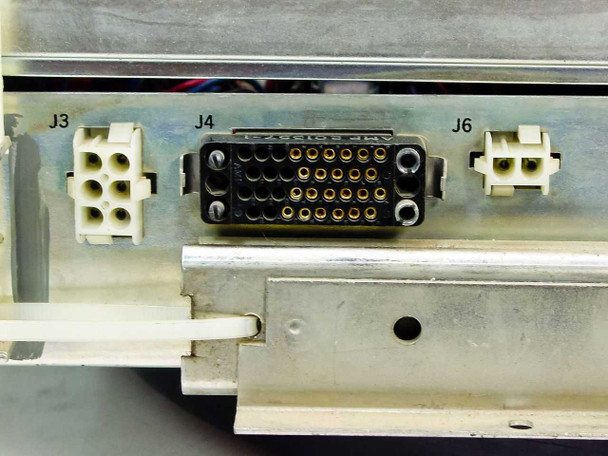 Magnetic Peripherals 47293669 Power Supply – close-up of rear connector panel showing J3, J4 multi-pin, and J6 connectors on aluminum chassis rail