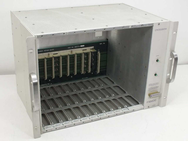 Fibermux FX6600 Crossbow rackmount chassis three-quarter front-left view showing single Crossbow power supply module and empty card slots