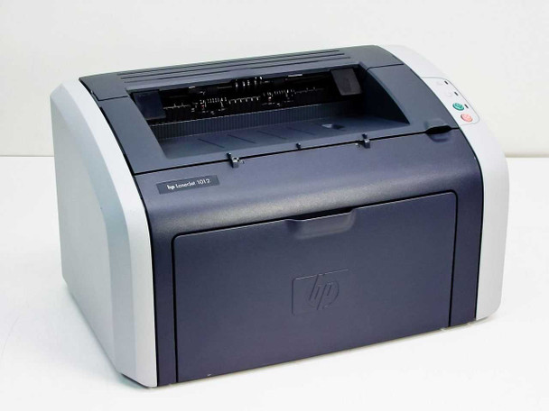 HP LaserJet 1012 Q2461A compact monochrome laser printer — front left three-quarter view showing navy and light grey casing with HP logo and output tray