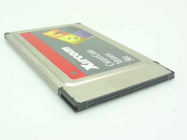 Xircom CM56T CreditCard Modem 56T PCMCIA PC Card — angled side view showing card edge connector and thickness