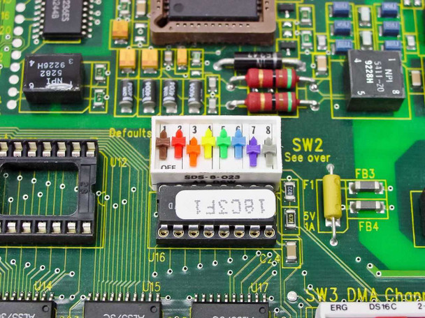 Close-up of DIP switch block SW2 and SW3 DMA configuration area on Madge Smart 16/4 AT Ringnode card PCB
