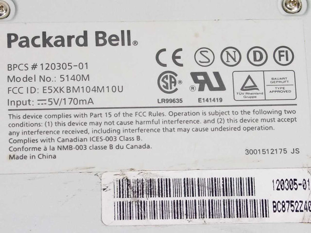 Packard Bell 5140M bottom label showing part number 120305-01, model 5140M, FCC ID, 5V/170mA input, and regulatory markings