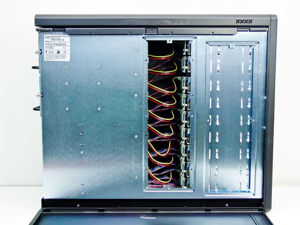 DS500-ST/B interior left side open showing 9-bay SCSI backplane with ribbon cables and power cables routed to each bay