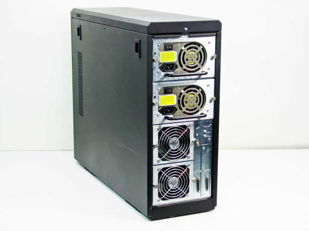Kingston DS500-ST/B rear 3/4 view showing dual redundant hot-swap power supply modules with large cooling fans and SCSI host ports