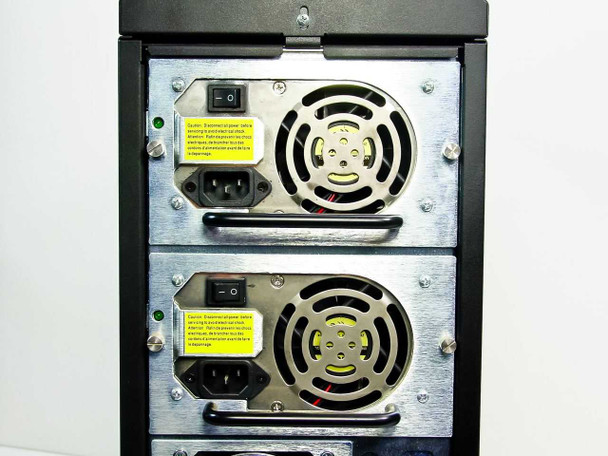 DS500-ST/B rear close-up of dual redundant power supply modules each with IEC C14 inlet, rocker switch, and cooling fan