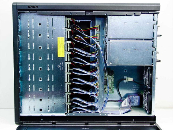 DS500-ST/B interior right side open showing full 9-bay backplane, all SCSI ribbon cables, and SCSI controller/terminator board in lower right