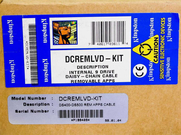 Kingston DCREMLVD-KIT box label showing model number, description (Internal 9 Drive Daisy-Chain Cable Removable Apps), DS400-DS500 compatibility, and date code 99.01.04