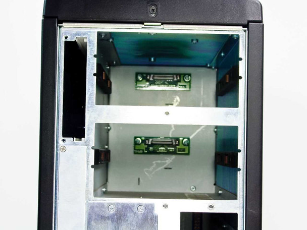 StorCase S10A107 interior top bay area showing two caddy sleds with small green PCBs and SCSI connectors installed