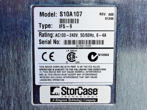 StorCase S10A107 rating plate label showing Model S10A107, Type IFS-9, Rev A00, AC100-240V 50/60Hz 8-4A rating, CE/FCC/CSA certifications, and StorCase Technology — A Kingston Technology Company branding