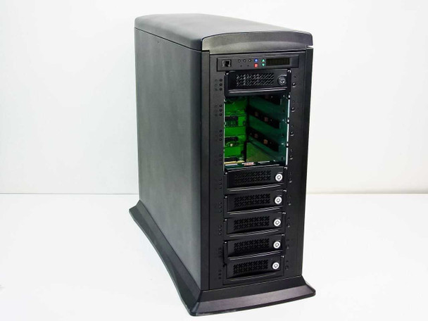 StorCase S10A107 IFS-9 9-bay SCSI storage cabinet — right-side angled view showing tower enclosure with caddy bays open and backplane visible