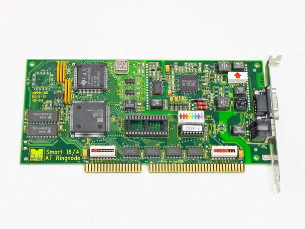 Madge Smart 16/4 AT Ringnode ISA card – component side showing main ICs, DIP switch bank SW2, and bracket with RJ-45 and DB-9 ports