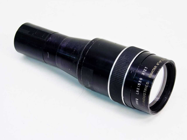 D.O. Industries Navitar LNS1530 3727 6-9 inch zoom projection lens — full side view showing black anodized barrel with engraved markings