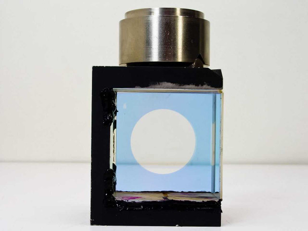56mm beam splitter double prism – front face view showing large circular aperture with pale blue anti-reflection coating on prism face and black anodized housing