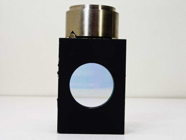 56mm beam splitter double prism – back face view showing circular aperture with blue-white optical coating, black anodized frame and stainless cylindrical top mount