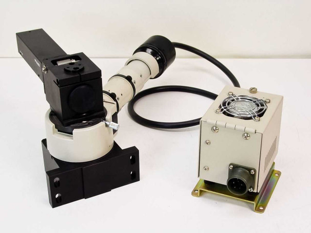Full system alternate angle showing Pulnix TM-745 on arm assembly with fiber optic illuminator tube, light source with rear military-style circular connector visible