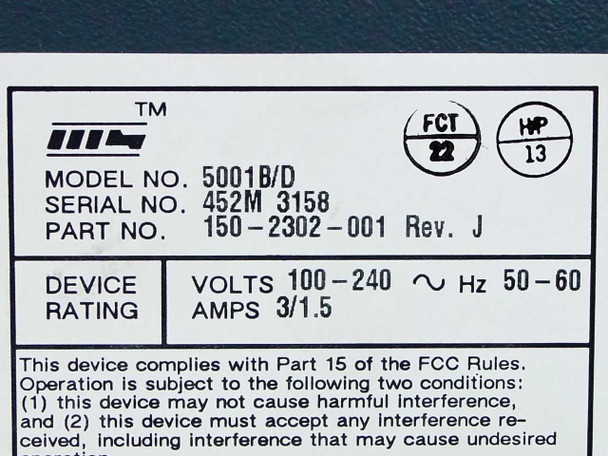 MICOM 5001B/D rating label — Model 5001B/D, Part No. 150-2302-001 Rev. J, Serial 452M 3158, 100-240V 50-60Hz 3/1.5A