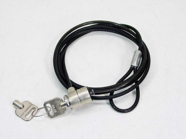 Kensington laptop cable lock – full 67-inch black steel cable coiled with lock body and two keys attached