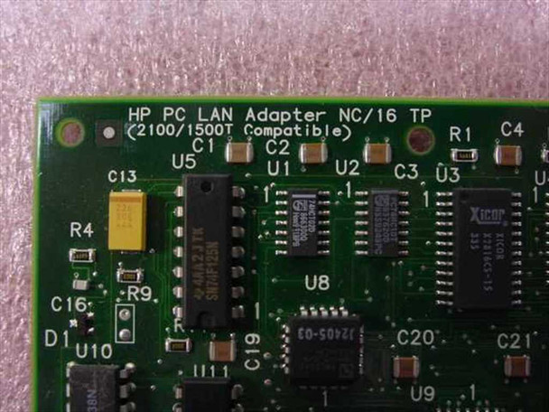 HP PC LAN Adapter NC/16 TP PCB close-up showing '2100/1500T Compatible' silkscreen label and onboard ICs including Xicor chip