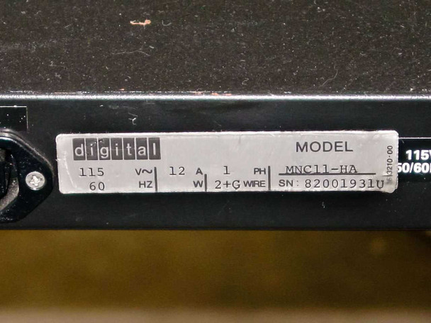 Digital MNC11-HA power supply – close-up of rating label: model MNC11-HA, 115V, 60Hz, 12A, 1PH, serial number 82001931U