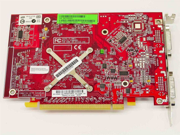 HP ATI Radeon X1600XT 419543-001 — PCB reverse side showing FC/CE compliance labels, barcode stickers, and DVI-D port backing