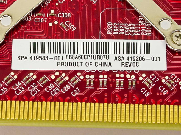 HP ATI Radeon X1600XT 419543-001 — close-up of label showing SP# 419543-001, AS# 419206-001, Rev 0C, and Product of China markings