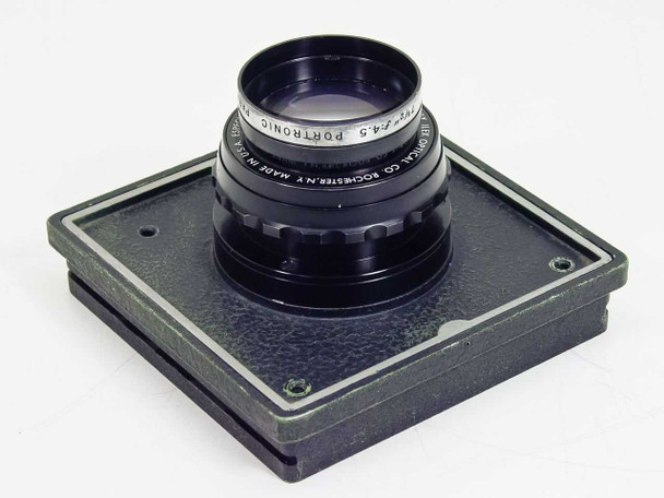 Ilex Optical 7.5" f/4.5 Portronic Paragon large format portrait lens mounted on square lensboard — front view showing aperture ring and engraved barrel markings