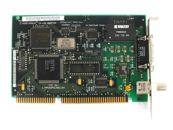 Intel EtherExpress 16 ISA LAN Adapter — top component side showing Intel 82586 controller, Kyocera oscillator, Valor PM6042 transformer, and FCC ID label