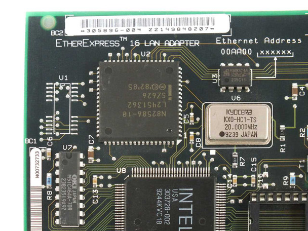 Intel EtherExpress 16 — close-up of main Intel N82584-10 and 82501 chipset ICs, Kyocera 20MHz oscillator, and barcode label reading 305896-004