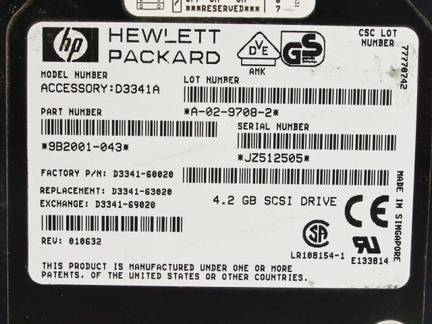 HP Hewlett-Packard D3341A label close-up showing Model D3341A, Part Number 9B2001-043, Factory P/N D3341-60020, Serial Number JZ512505, 4.2GB SCSI Drive, Made in Singapore