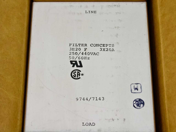 Filter Concepts 3E20-F label showing 250/440VAC 50/60Hz 3x20A ratings with UL and CSA marks