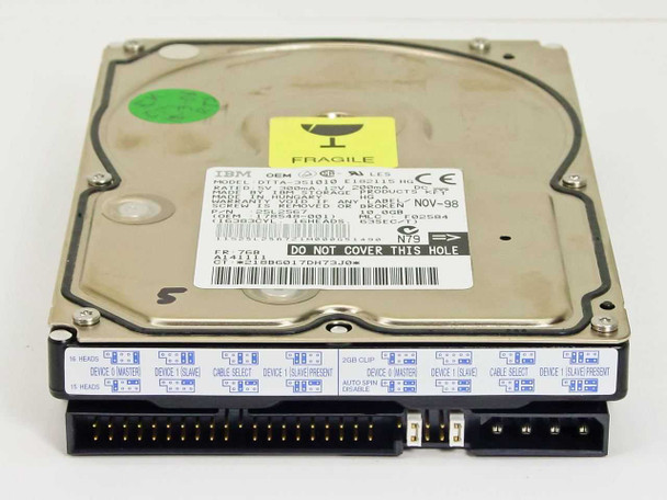 IBM DTTA-351010 25L2567 10GB IDE hard drive – bottom/connector end view showing 40-pin IDE and 4-pin power connectors with jumper block