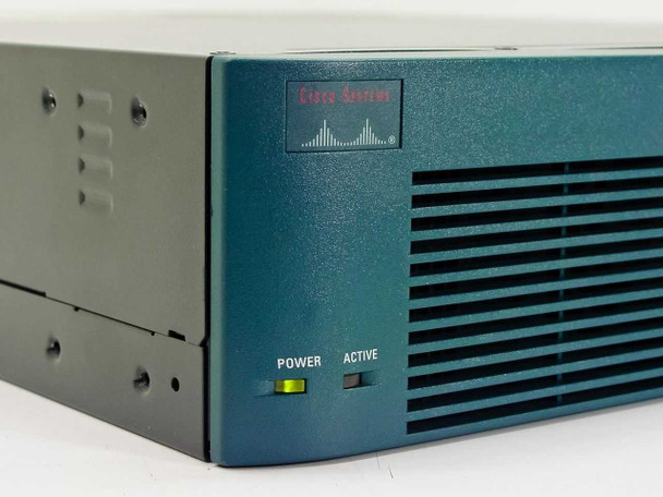 Cisco PIX-525 front panel close-up – Cisco Systems logo with POWER LED lit yellow and ACTIVE LED