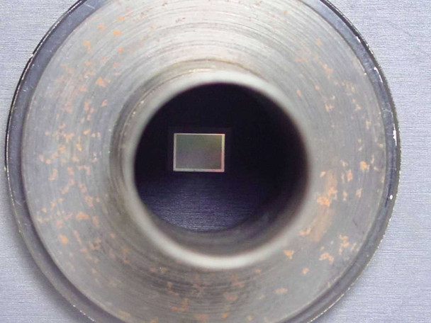 Through-lens view of Digiteyes DVC Digital Video Camera showing small rectangular solid-state image sensor inside the optical barrel