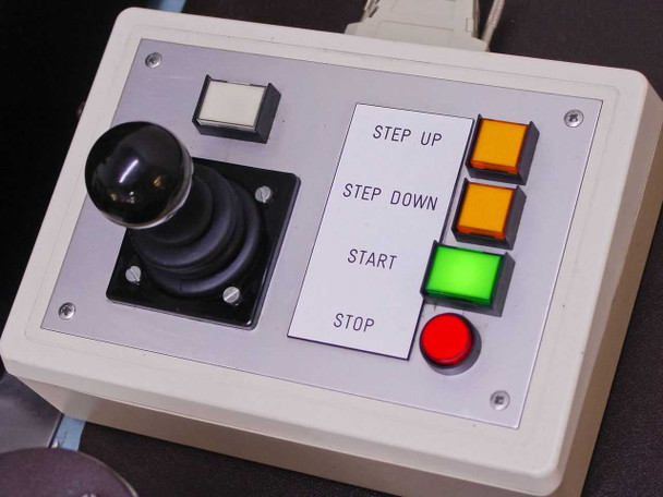 HyBond 616-12 joystick controller box with Step Up, Step Down, Start, and Stop buttons and black joystick