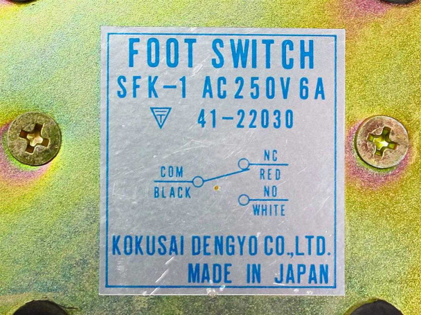 Kokusai Dengyo SFK-1 foot switch label showing AC 250V 6A rating and part number 41-22030, Made in Japan
