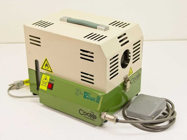 Cooke Tokki TP-125 MK III automatic fiber optic cable cleaner front-left view with foot pedal connected