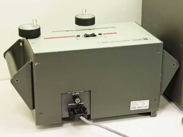 Surfanalyzer 600 rear panel – controller power inlet, interconnect cable connector, and rating label