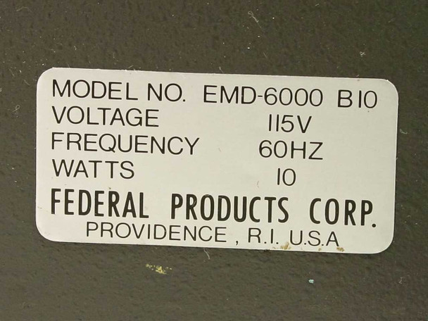 Surfanalyzer 600 rating plate – MODEL NO. EMD-6000 B10, VOLTAGE 115V, FREQUENCY 60HZ, WATTS 10, FEDERAL PRODUCTS CORP. PROVIDENCE R.I. U.S.A.